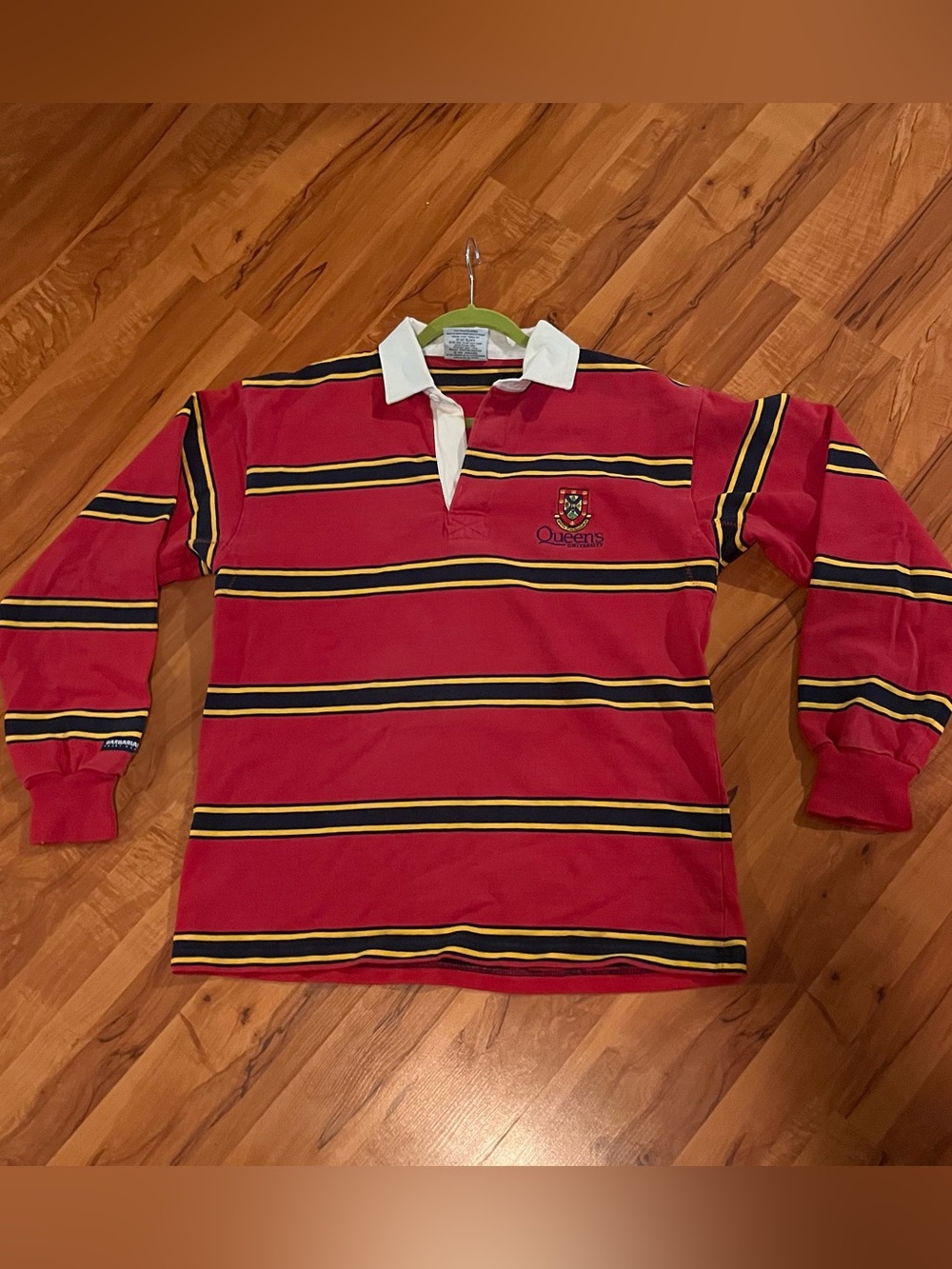 Vintage Queens University Embroidered Red Striped Rugby Shirt